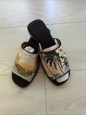 Etro Embroidered Tropical Slide Sandals in Gold, Green, Black